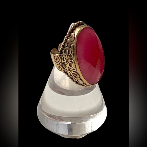 SAJEN India Dyed Pink Faceted Quartz Brass Woman’s Ring Ornate Scroll Jewelry